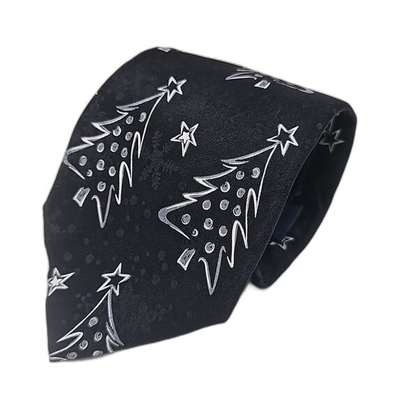 John Ashford Novelty Tie Mens Christmas Tree Star Silk Black 61.5" - Picture 2 of 6
